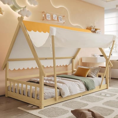Huisbed met Tent - Kinderbed Hout - Slaapkamer Inrichten - Afneembare Tent - 90x200 cm - Wit