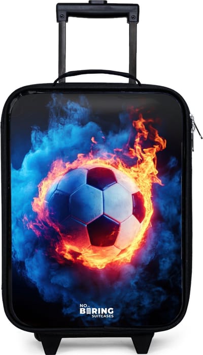 NoBoringSuitcases.com® - Kinderkoffer jongen - Kindertrolley meisje - Voetbal in vuur en ijs - Koffer kind lichtgewicht - Reiskoffer trolley voor kinderen - Koffertje met lichtgevende wieltjes - Rolkoffer zwart