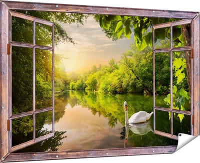 Gards Tuinposter Doorkijk Zwaan op het Water in het Bos - 180x120 cm - Tuindoek - Tuindecoratie - Wanddecoratie buiten - Tuinschilderij