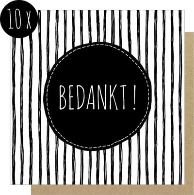10x Bedankkaartjes / Bedankt kaarten | BEDANKT | 13,5 x 13,5 cm | zwart & wit | met kraft enveloppen