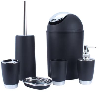 Luxury Badkameraccessoires Set - 6-Delig - Mat Zwart/Chroom - Inclusief Prullenbak & Toiletborstel