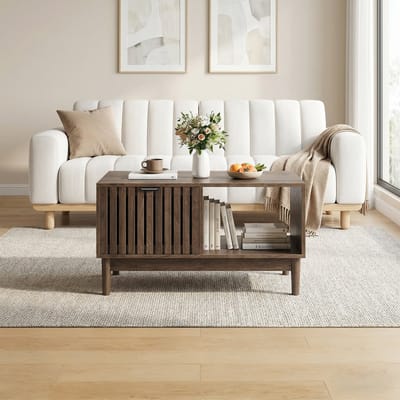 HAUSS SPOLE Salontafel - Mid Century Design Met Lade En Open Vakken - Voor Woonkamer - MDF - 80x50x45 Cm - Walnootkleur