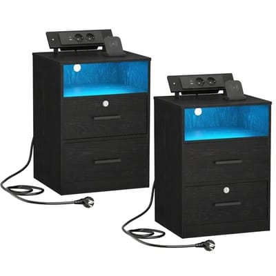Nachtkastjes Set van 2 – Voor Slaapkamer – Bijzettafels met Oplaadstation, LED-Verlichting, 1 Open Vak en 2 Lades – Zwart