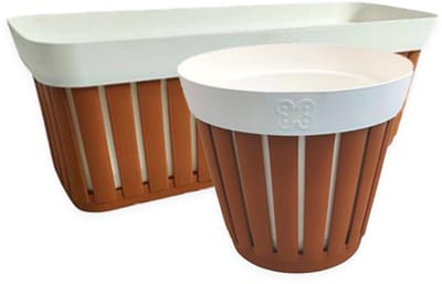 Bloempotten 'Kreta' - Bloembakken - 2 stuks - Plantenbakken voor buiten - Balkon - Bruin - Wit