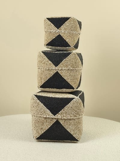 Blitzdeco - Balinese Offermandenset - Maud - Handgemaakt Geruit Patroon - Beige Zwart
