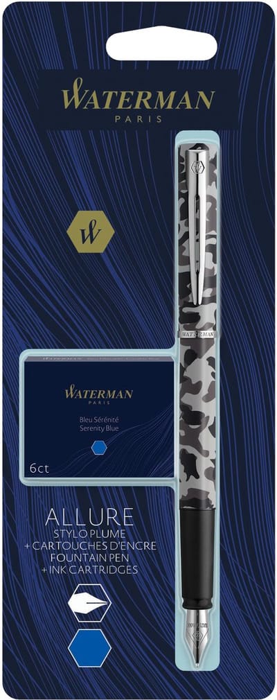 Waterman Allure vulpen | Camouflage afwerking met verchroomde details | Fijne roestvrijstalen penpunt | Met 6 korte blauwe inktpatronen inktpatronen