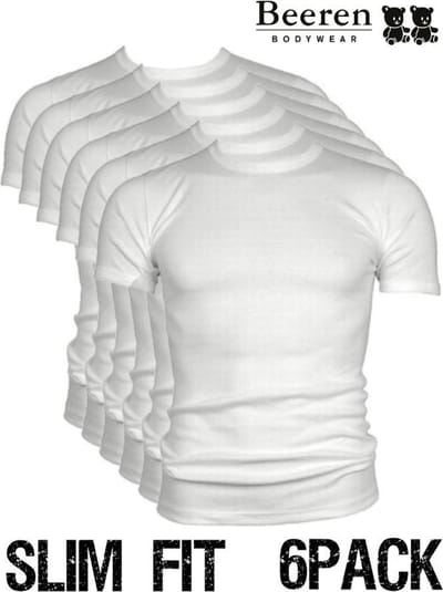Beeren heren T-Shirt - Ronde Hals - maat M - 6-Pack - Wit - Slim Fit
