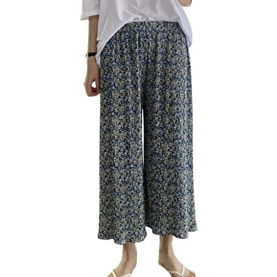 Comfortabele Wijde Pantalons Bloemenprint Wijde Pijpen Pantalons voor Dames Elastische Hoge Taille Loungebroek met Vallende Plooien One Size blauw