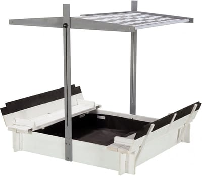 WONDERMAKE® Design houten zandbak met dak, deksel en bankje, kinderzandbak met scharnierend deksel, UV-zonbescherming, vierkante zandbak voor tuin en buitenspeelplaats, 120x120 cm, wit, grijs, zwart