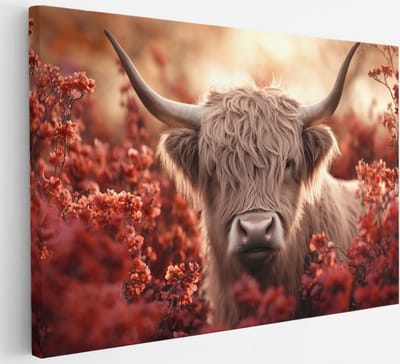 Saammp - Canvas Schilderij - Schotse Hooglander Koe tussen de rode bloemen - Dieren - Natuur - 30x20 - Foto op canvas - Wanddecoratie - muurdecoratie Woonkamer - Slaapkamer decoratie - Canvas Print