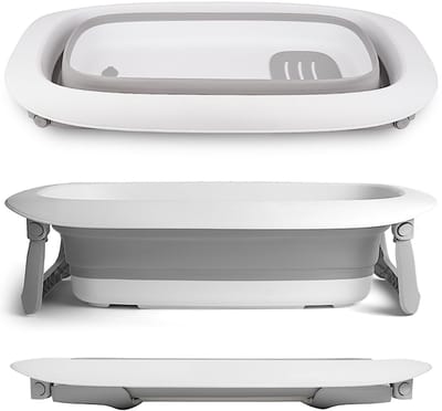 SAVI® Baby Badje Met Standaard - Babybadje - Inklapbaar Bad - Bad Baby - Zitbad - Grijs/Wit - 80cm x 48cm x 20cm; 1.9kg