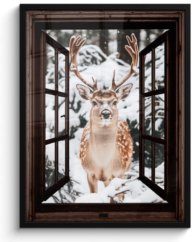 Poster in lijst - Fotolijst 50x70 cm - Posters - Hert - Sneeuw - Winter - Bos - Dieren - Doorkijk - Posterlijst zwart - Decoratie - Wanddecoratie woonkamer - Muurdecoratie slaapkamer