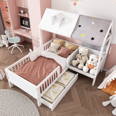 MODENUIT Kinderbed 90x200 cm – Huisvormig Bed met Lattenbodem – Met Opberglades – Zonder matras – Massief Hout – Wit