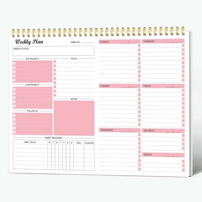 Wekelijks Planner Ongedateerd - A4 Weekplanner met Spiraalbinding, Doelen Planner, Gewoontetracker, Notitieboek en Organisator - Roze