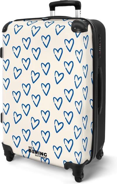 NoBoringSuitcases.com® - Reis koffer groot - Rolkoffer lichtgewicht - Wit met blauw hartjes patroon - Reiskoffer op 4 wielen - Valiezen volwassenen - Grote trolley XL - 20 kg bagage