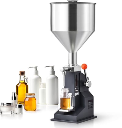 Handmatige Pastavulmachine, Verstelbare Flesvuller voor 5-50 ml, Roestvrijstalen Vloeistofvuller met Trechter voor Melk, Water, Sap, Etherische Olie, Shampoo, Cosmetica, Honing