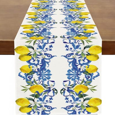 Zomercitroenen Blauwe Tegels Linnen Tafelkleed Feestdecoratie Boerderij Keuken Eettafelkleed Bruiloftsdecoraties 150x33cm