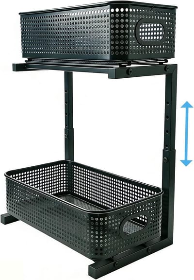 Uitschuifbare lade-rek voor keukenkast, spoelbakorganizer en badkamerkastopslag, verstelbaar en metalen, ideaal voor voorraad en kastorganisatie, zwart