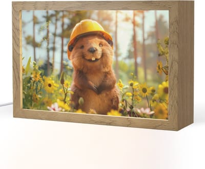 Nachtlampje 30x20 cm - Kinder lampje - Bever - Dier - Bouwhelm - Natuur - Tafellamp kinderkamer - Slaapkamer lamp - Bedlamp kinderen - Kinderlampje stopcontact - Wandlamp babykamer - Nachtlampjes