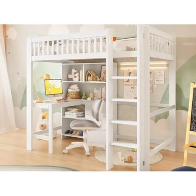 ModernLuxe Hoge bed 90x200 cm - meerdere opbergruimtes - met ladder + bureau - met 3 laden - wit (matras niet inbegrepen)