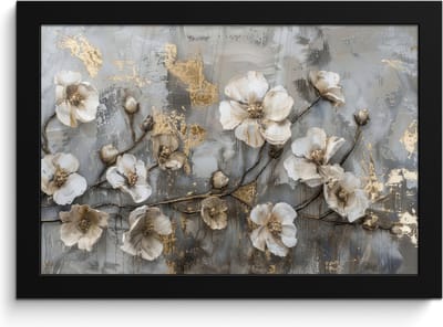 Poster in lijst - Fotolijst 30x20 cm - Posters - Bloemen - Wit - Grijs - Goud - Luxe - Posterlijst zwart - Decoratie - Wanddecoratie woonkamer - Muurdecoratie slaapkamer
