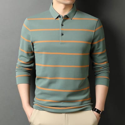 Lente Nieuw Katoen Heren Lange Mouw Polo Kraag Strepen T-shirt Trendy Casual Mode Heren T-shirt XXXL gray