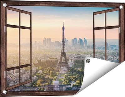Gards Tuinposter Doorkijk Skyline van Parijs met de Eiffeltoren - 60x40 cm - Tuindoek - Tuindecoratie - Wanddecoratie buiten - Tuinschilderij