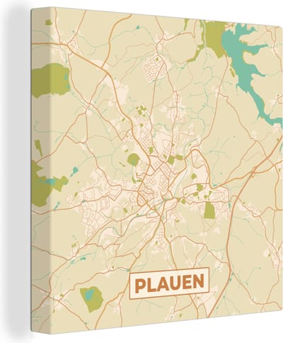 Canvas Schilderij Plattegrond - Plauen - Kaart - Vintage - Stadskaart - 20x20 cm - Wanddecoratie