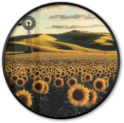 Poster in lijst Rond - Fotolijst 60x60 cm - Posters - Zonnebloem - Veld - Windmolen - Ronde posterlijst zwart - Decoratie - Wanddecoratie woonkamer - Muurdecoratie slaapkamer