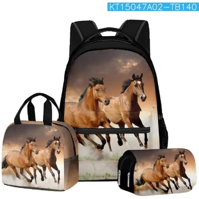 Mode Nieuwigheid Cool Grasland paard 3D Geprint 3 stuks/Set Student Schooltassen Laptop Dagrugzak Rugzak Lunchtas Etui black