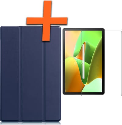 Hoesje - Geschikt voor Lenovo Tab M10 Plus (3e / 3rd Generatie) - Met Screenprotector - Trifold Bookcase - Hard Cover - Hardcover Book Case - Tablet Hoes - Donkerblauw