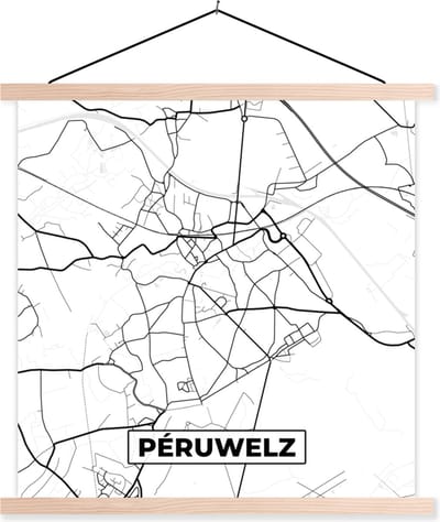 Posterhanger incl. Poster 40x40 cm - Schoolplaat - België – Péruwelz – Stadskaart – Kaart – Zwart Wit – Plattegrond - Textielposter - Blanke latten - Stadskaart
