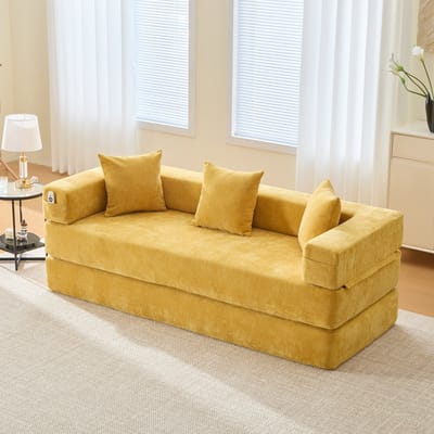 MODENUIT Slaapbank 198 x 79 x 60 cm - Modulair Met Zijvakken en Antislip - Voor Woonkamer - Chenille Mosterdgeel