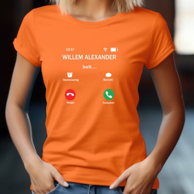 Oranje Dames T-shirt-Koningsdag T-shirt maat S- Aansluitend model T-shirt - Willem Alexander belt- oranje T-shirt