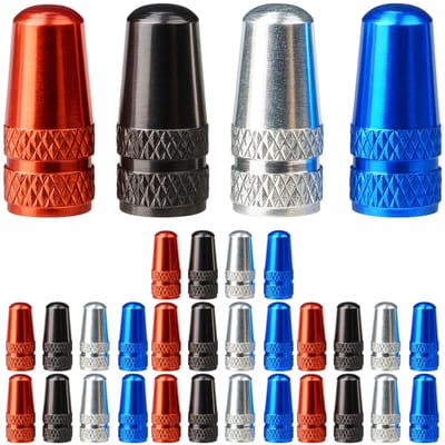 Ventieldopjes van aluminium, 32 stuks, 8 x elk zwart, rood, blauw, zilver, voor fietsbanden met Dunlop of Presta ventiel, fietsventieldopjes, bandventieldop fietsbinnenband, fietsventieldopje