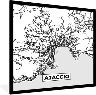 Fotolijst incl. Poster Zwart Wit- Frankrijk - Plattegrond - Ajaccio - Stadskaart - Kaart - Zwart wit - 40x40 cm - Posterlijst
