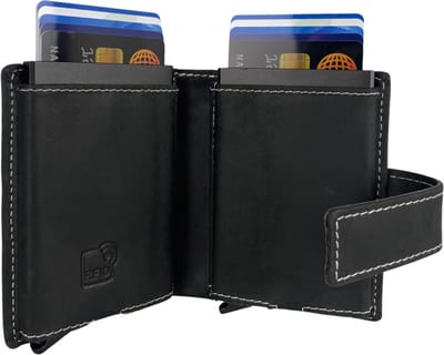 Pasjeshouder Uitschuifbaar – Zwart – Leer - Dubbele Creditcard Houder - RFID – Anti Skim - Muntgeld Ritsvak - Pasjeshouder