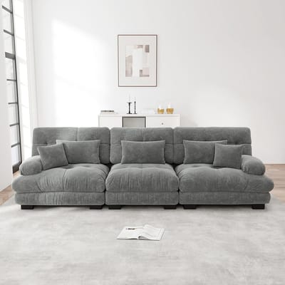 Pugsdrly Modulaire hoekbank met 3 zitplaatsen en diepe zitting, comfortabel gestoffeerde slaapbank in chenille voor woonkamer, appartement, studio, kantoor, grijze chenille