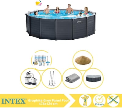 Intex Graphite Gray Panel Zwembad - Opzetzwembad - 478x124 cm - Inclusief Onderhoudspakket en Filterzand