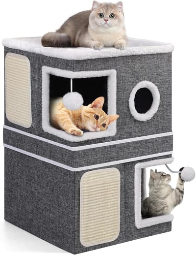 Famanu – 3-laags kattenhuis voor binnenkatten -te scheiden in 2 grote kattenbeddengrotten met schuilplaatsen -krabmatten -hangende ballen -opvouwbaar