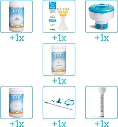 Zwembad Onderhoudspakket - Onderhoud Zwembad - bevat Chloor - Testrips - Chloordrijver - PH-min - PH-plus - Schoonmaakset en Thermometer (7-delig)