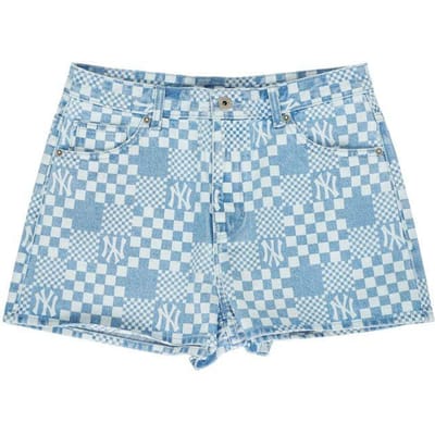 Shorts en jean imprimé à carreaux MLB New York Yankees pour femme Bleu clair 3FDPM0323-50BLL XS white