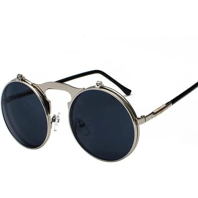Vintage Steampunk Flip-Up Zonnebril Retro Rond Metalen Frame UV400 Scharnierontwerp Gebogen Pootjes Unisex As Picture gray