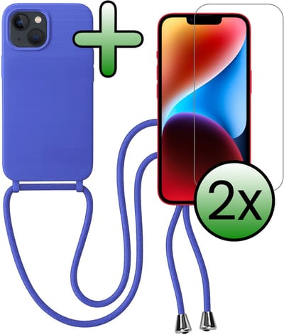 Hoes Geschikt voor iPhone 13 Mini Hoesje Met Koord Met 2x Screenprotector - Telefoonhoesje Geschikt voor iPhone 13 Mini Backcover Met Afneembaar Koord - Felblauw