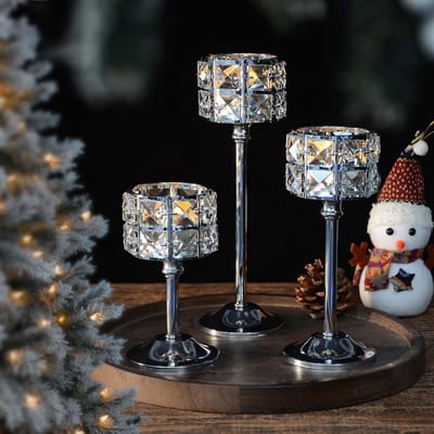 Set van 3 Glanzende Kristallen Theelicht Kandelaars - Vierkant Design voor Tafeldecoratie en Bruiloften