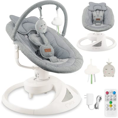 MoMi PEARL Elektrische Babyschommel en Wipstoel met Bluetooth, Afstandsbediening en 360° Draaibare Zitting - Grijs