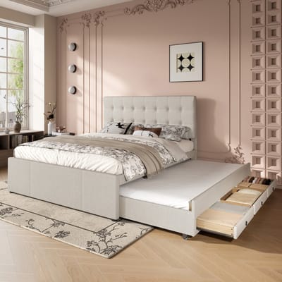 Gestoffeerd Bed - 140x200 cm - Uitschuifbaar Bed en 3 Laden - Verstelbaar Hoofdbord - Stof - Beige