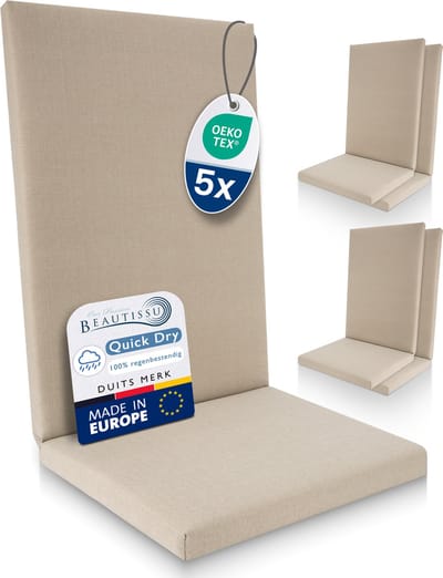 Beautissu QD-HL – Set van 5 Premium Tuinstoelkussens Hoge Rug 122x48 cm – 100% Waterdicht – Weerbestendig – Sneldrogend – UV-bestendig – Natuur