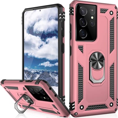 Casemania Hoesje Geschikt voor Samsung Galaxy S22 Ultra Roségoud - Anti-Shock Hybrid Armor Back Cover - Hoes met Kickstand Ring