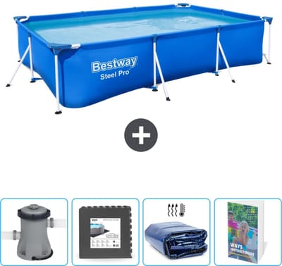 Bestway Rechthoekig Steel Pro Zwembad - 300 x 201 x 66 cm - Blauw - Inclusief Pomp Vloertegels - Solarzeil - Zwembadgids